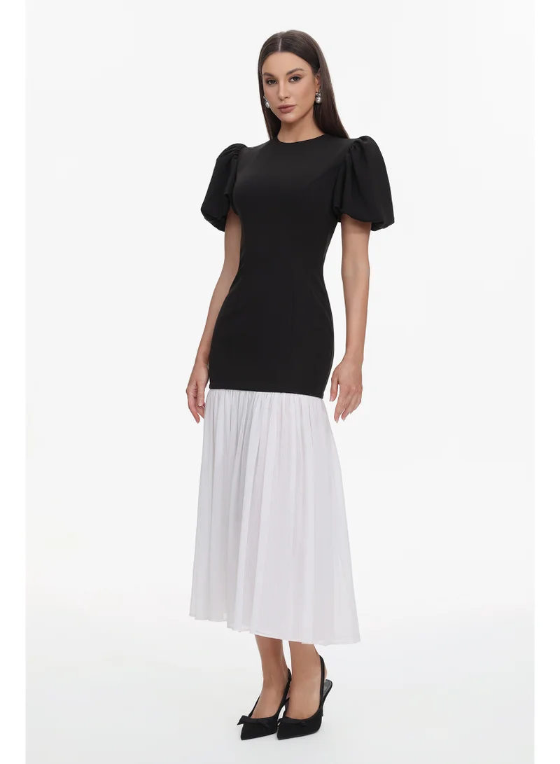 Bella Barnett  Spiral Classic Tailored Puff Sleeve Pleated Contrast Maxi Dress for Women | Best Price UAE